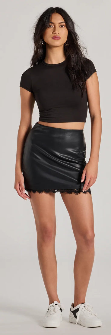 The Gorgeous Design High Rise Lace Faux Leather Mini Skirt is a trendy women's bottom in black, designed with modern details and alluring textures to complete chic outfits for 2025.