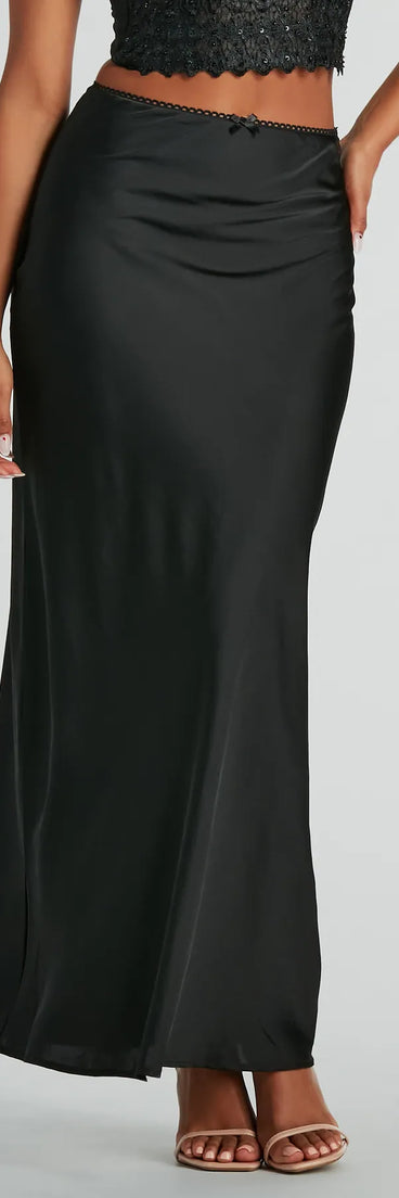 Beyond Classy High-Rise Bow Satin Maxi Skirt