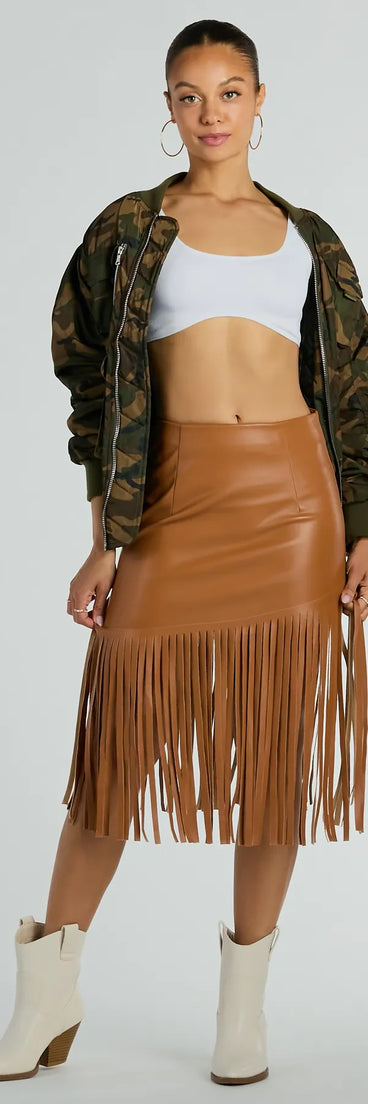 Country Songs Fringe Faux Leather Midi Skirt
