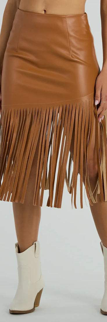 Country Songs Fringe Faux Leather Midi Skirt