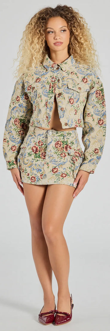 Effortlessly create party outfits or vacation-ready looks with the Falling For Floral Tapestry Cargo Mini Skirt, one part of a versatile women's tan matching set perfect for quick and easy outfit combinations from layering chic outfits to transitioning your look seamlessly.