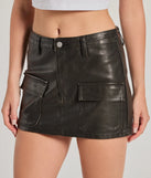 The Cool-Girl Sleek Faux Leather Cargo Mini Skirt is a trendy women's bottom in black, designed with modern details and alluring textures to complete chic outfits for 2025.