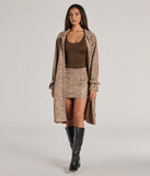 Effortlessly create party outfits or vacation-ready looks with the Chic Mood Snake Print Faux Suede Mini Skirt, one part of a versatile women's taupe matching set perfect for quick and easy outfit combinations from layering chic outfits to transitioning your look seamlessly.