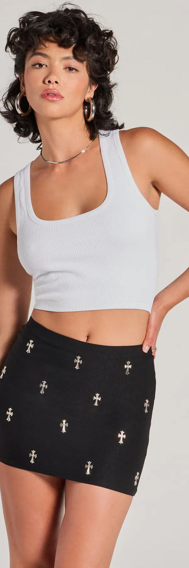 The Blessed With Style High-Rise Cross Stud Mini Skirt is a trendy women's bottom in black, designed with modern details and alluring textures to complete chic outfits for 2025.