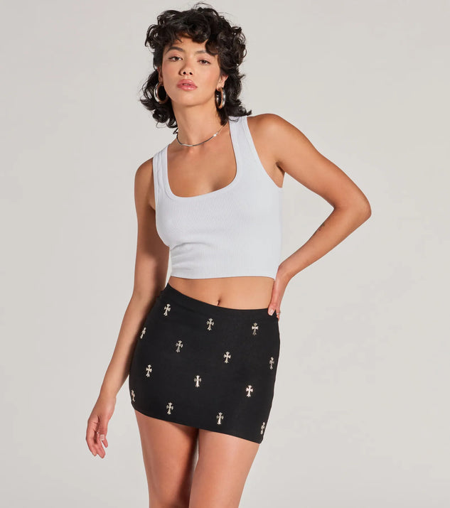 The Blessed With Style High-Rise Cross Stud Mini Skirt is a trendy women's bottom in black, designed with modern details and alluring textures to complete chic outfits for 2025.
