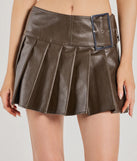 Create bold, fashion-forward looks for spring or summer with the City Chic Faux Leather Pleated Mini Skirt in brown, a must-have piece from Windsor’s collection of stylish bottoms for women.