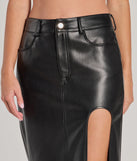 Create bold, fashion-forward looks for spring or summer with the Sleek Era Faux Leather High Slit Midi Skirt in black, a must-have piece from Windsor’s collection of stylish bottoms for women.