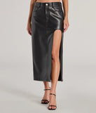 The Sleek Era Faux Leather High Slit Midi Skirt is a trendy women's bottom in black, designed with modern details and alluring textures to complete chic outfits for 2025.