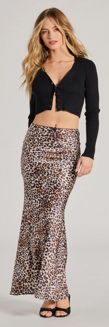 The It-Girl Chic Leopard Print Satin Maxi Skirt in leopard print is a women's workwear essential with an elevated fabric and chic silhouette, ideal for layering and versatile enough to take your look from office chic to going-out ready!