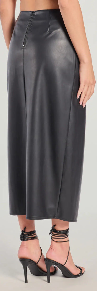 The Sleek Ambition Faux Leather Wrap Midi Skirt is a trendy women's bottom in black, designed with modern details and alluring textures to complete chic outfits for 2025.