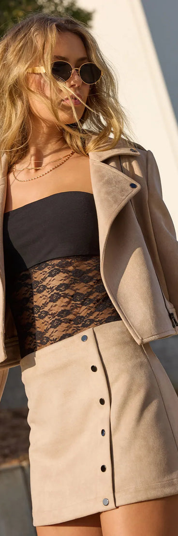 Serve effortless style and scroll-stopping energy in the Stylish Impression Faux Suede Mini Skirt, part of a taupe matching clothing set that does the work for you with bold, polished vibes from top to bottom.