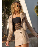 Serve effortless style and scroll-stopping energy in the Stylish Impression Faux Suede Mini Skirt, part of a taupe matching clothing set that does the work for you with bold, polished vibes from top to bottom.