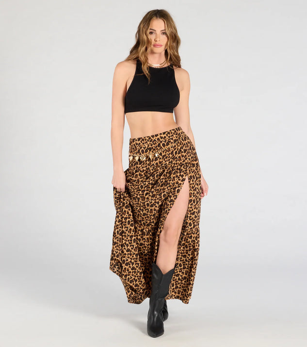 Create bold, fashion-forward looks for spring or summer with the On The Prowl High-Rise Slit Leopard Maxi Skirt in leopard print, a must-have piece from Windsor’s collection of stylish bottoms for women.