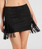 Create bold, fashion-forward looks for spring or summer with the Fringe Attitude Faux Suede Mini Skirt in black, a must-have piece from Windsor’s collection of stylish bottoms for women.