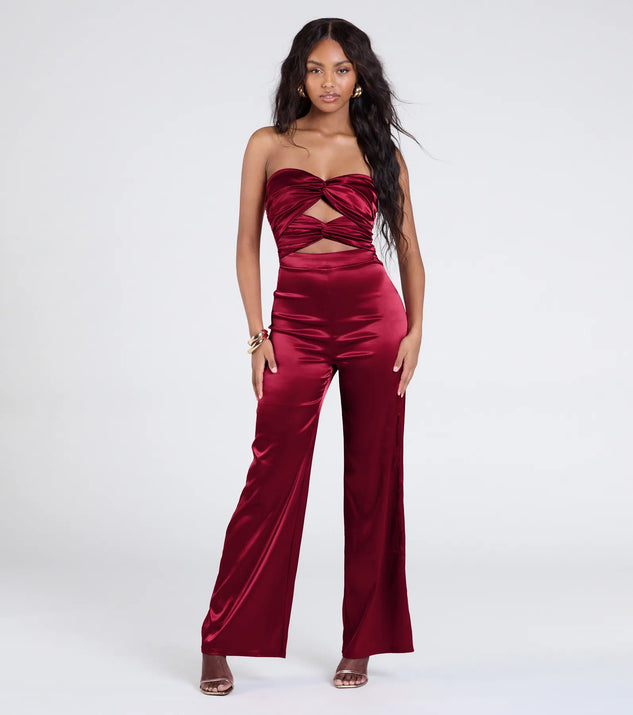 Create bold, fashion-forward looks for spring or summer with the Looking Luxe Cutout Satin Wide-Leg Jumpsuit in red, a must-have piece from Windsor’s collection of stylish bottoms for women.