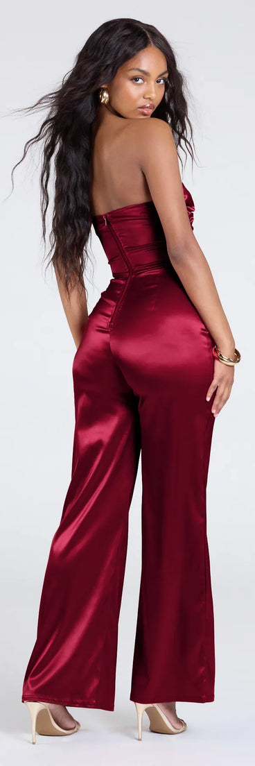 Step out in the Looking Luxe Cutout Satin Wide-Leg Jumpsuit, a red jumpsuit made to elevate your vibe from brunch to after-dark plans with ease and polish.