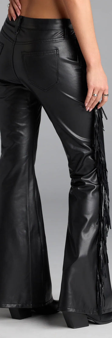 Stay polished and comfortable in the Spicing Things Up Mid-Rise Flare Fringe Pants, trendy black pants for women that transition from everyday looks to weekend slay.