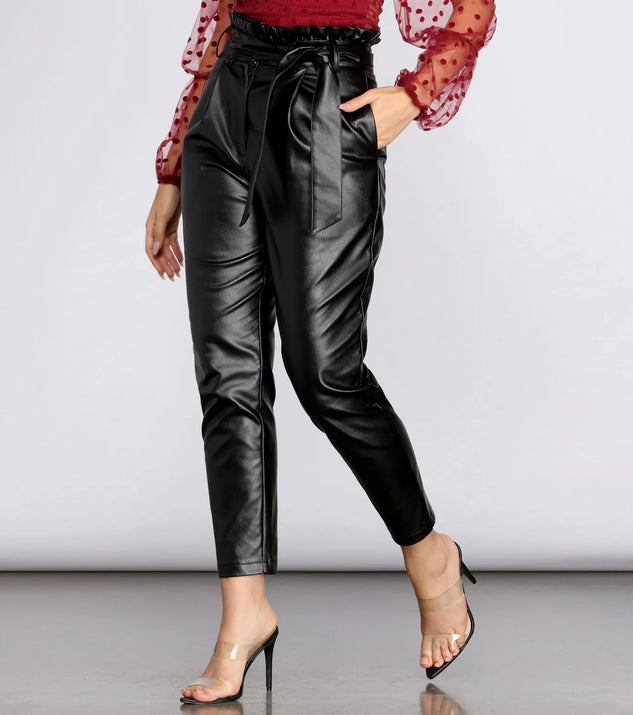 Paper Bag Tie Waist PU Tapered Pants