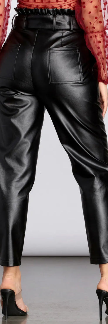 Paper Bag Tie Waist PU Tapered Pants
