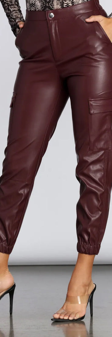 High Rise Faux Leather Cargo Joggers