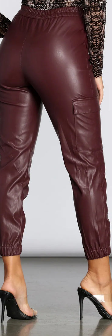High Rise Faux Leather Cargo Joggers