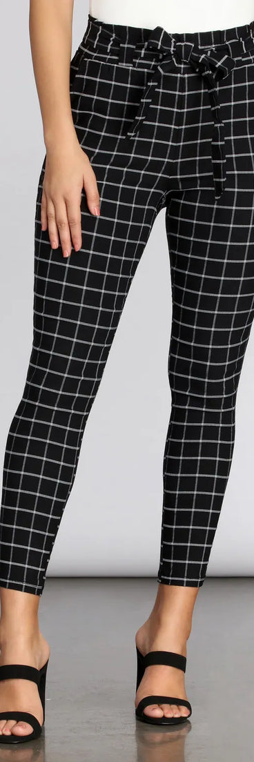 Plaid Paper Bag Tie Waist Skinny Pants