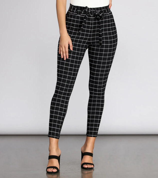 Plaid Paper Bag Tie Waist Skinny Pants