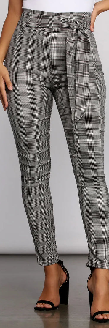 Poised In Plaid Tie Waist Skinny Pants