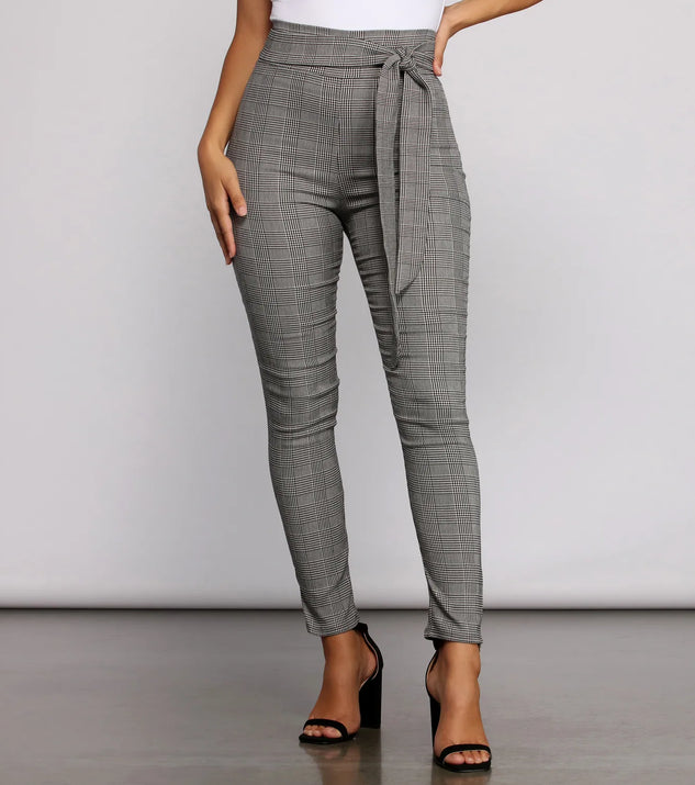 Poised In Plaid Tie Waist Skinny Pants