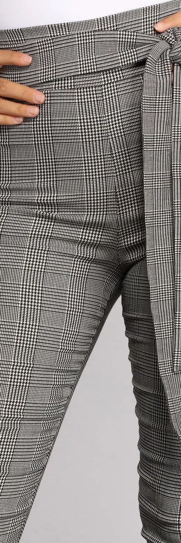 Poised In Plaid Tie Waist Skinny Pants