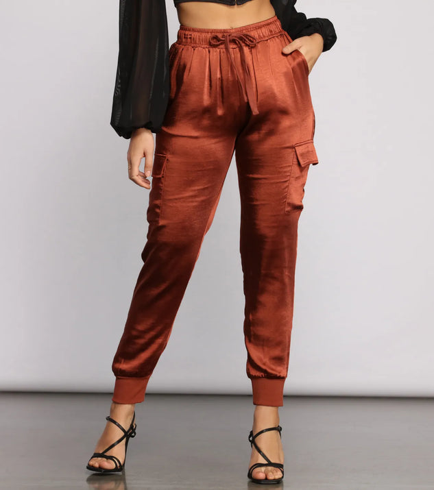 High Waist Satin Cargo Joggers