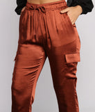 High Waist Satin Cargo Joggers