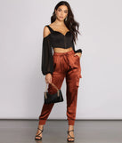 High Waist Satin Cargo Joggers