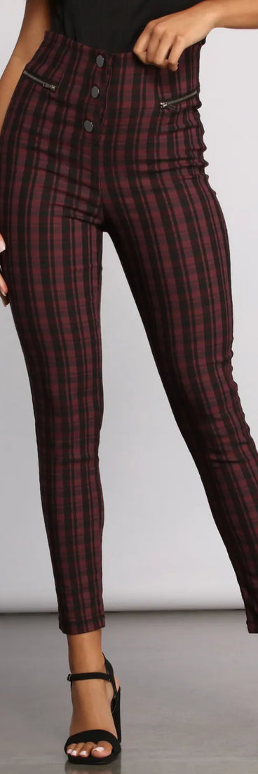 High Waist Snap Front Plaid Skinny Pants
