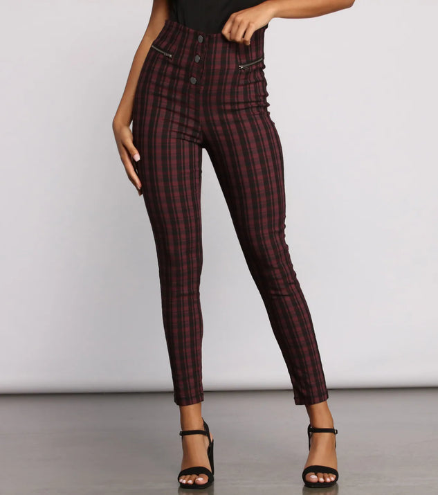 High Waist Snap Front Plaid Skinny Pants