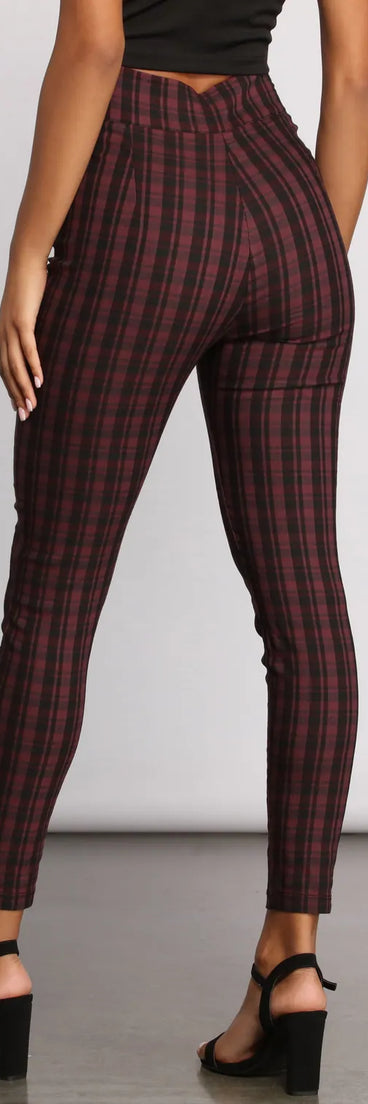 High Waist Snap Front Plaid Skinny Pants