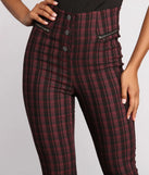 High Waist Snap Front Plaid Skinny Pants