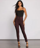 High Waist Snap Front Plaid Skinny Pants