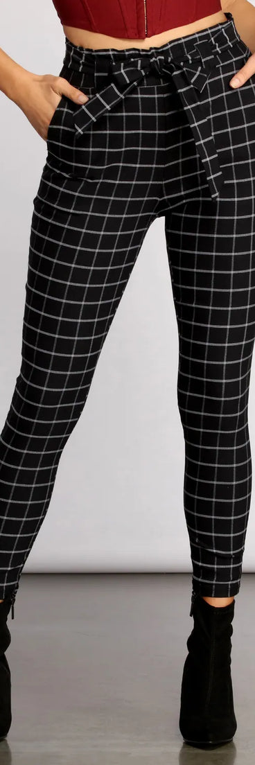 High Waist Paperbag Window Pane Pants