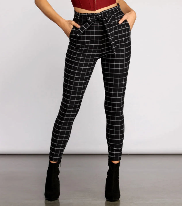 High Waist Paperbag Window Pane Pants