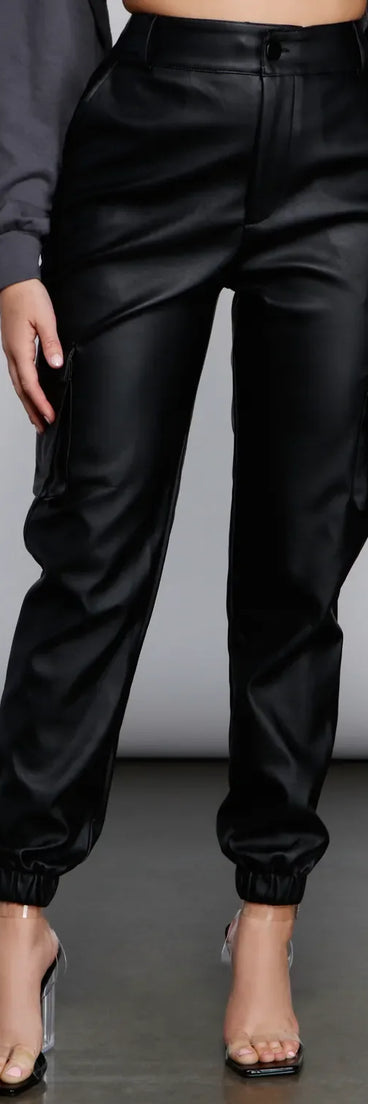 High Waist Faux Leather Cargo Pants