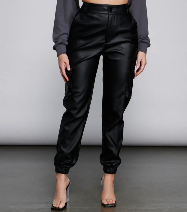 High Waist Faux Leather Cargo Pants