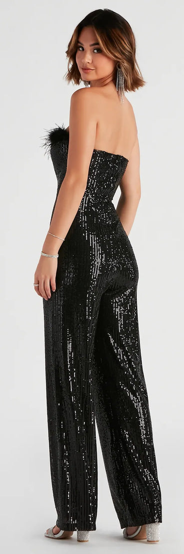Always Fabulous Feather-Trim Sequin Jumpsuit