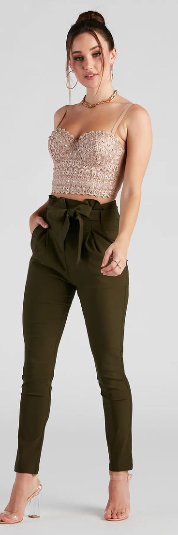 The High Waist Paperbag Skinny Dress Pants in olive is a pair of women's pants with an on-trend leg style and elevated fabric that adds texture, perfect for crafting effortless winter outfits.