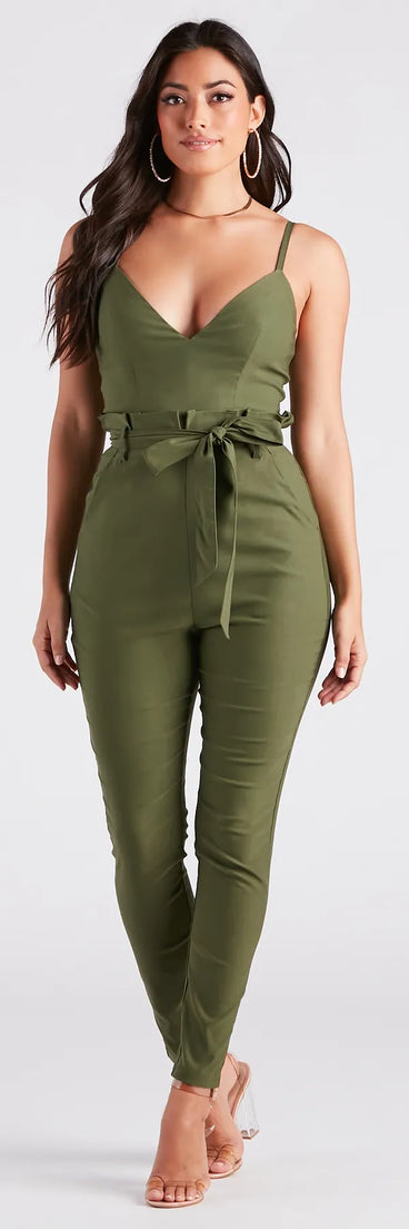 Refresh your fall closet with stylish women's pants like the Straight To Business V-Neck Paper Bag Jumpsuit in a sleek fabric and a pant leg style that makes your look unique.