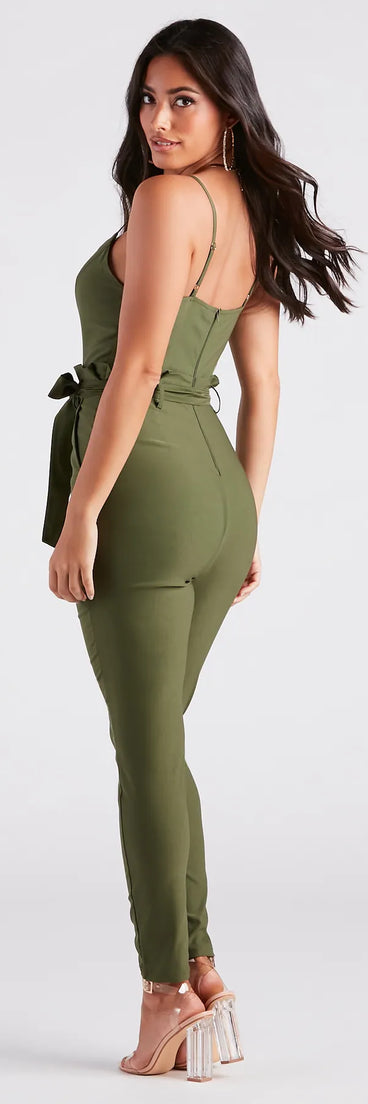 Refresh your fall closet with stylish women's pants like the Straight To Business V-Neck Paper Bag Jumpsuit in a sleek fabric and a pant leg style that makes your look unique.