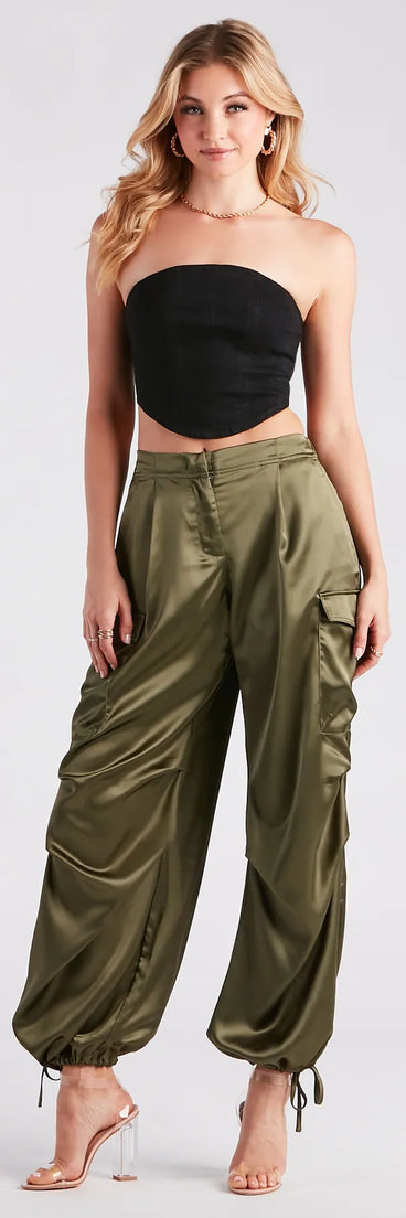 Pulling Strings Satin High-Rise Cargo Pants
