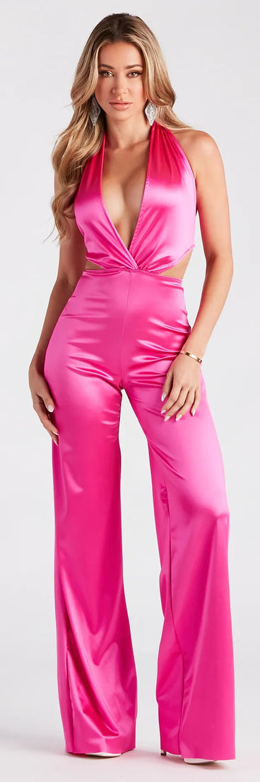 Heavenly Glow Satin Halter Open Back Jumpsuit