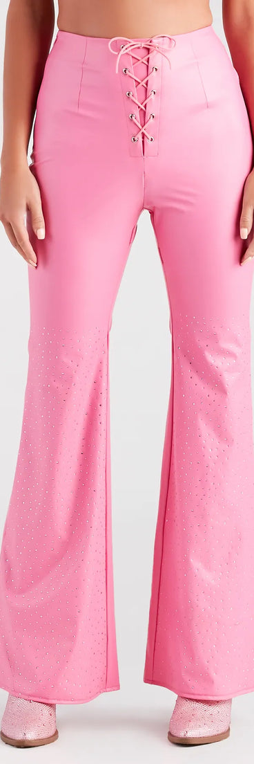 Fashion Doll Rhinestone Faux Leather Flare Pants