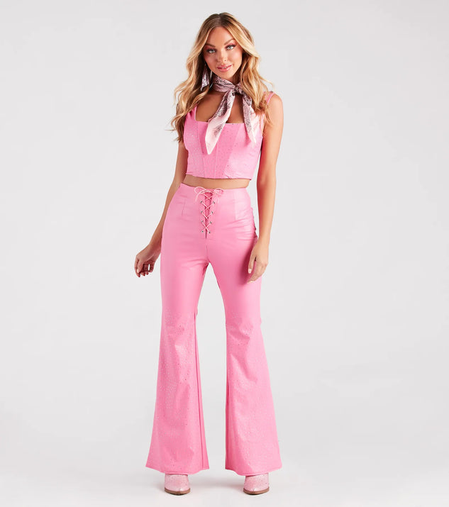 Fashion Doll Rhinestone Faux Leather Flare Pants | Windsor